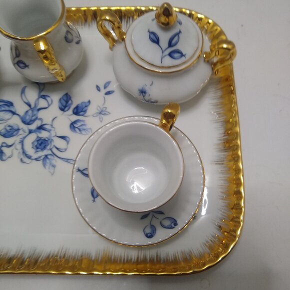 A Servre Decor Mini Tea Set 10 Piece Hand Painted Blue Gold. - Picture 12 of 14